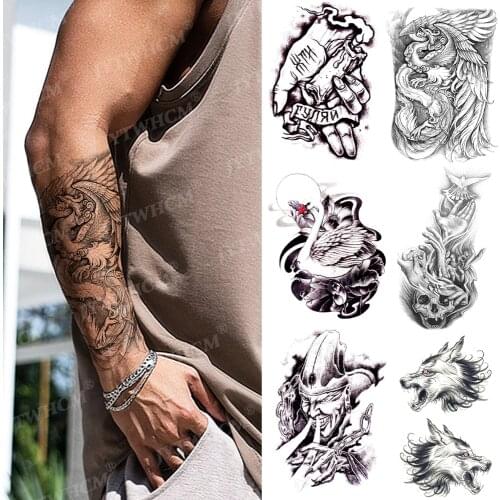 Waterproof Temporary Tattoos Art Stickers and Decals Wolf Skull Finger Phoenix Water Transfer Arm Legs Flash Fake Tattoo Sleeve