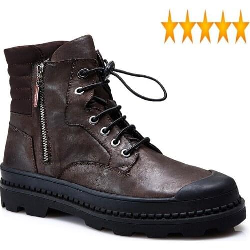 High Winter Up Mens Lace Top Military Ankle Genuine Leather Work Safety Platform Shoes Vintage Warm Fleece Lining Boots