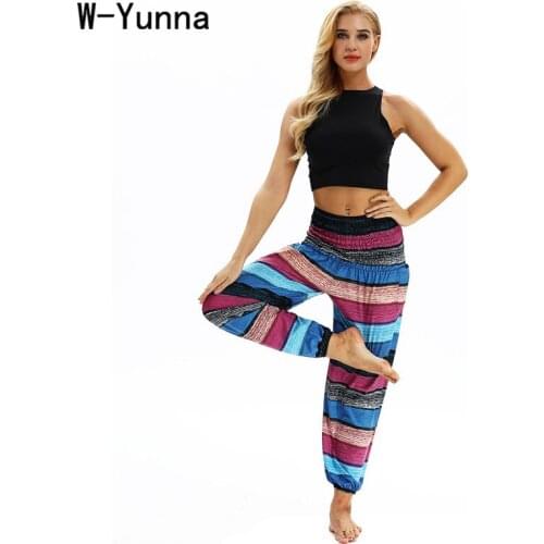 W-Yunna Hit Color Strap Print Fashion Harem Pants Women High Waist Thin Soft Polyester Baggy Boho Pants Elastic Loose Trousers