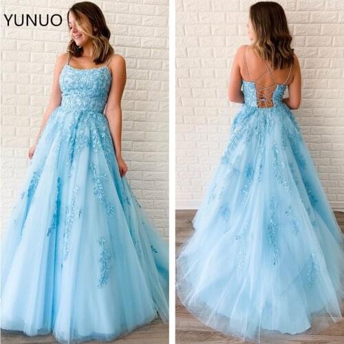 YUNUO Double Spaghetti Straps Tulle Prom Evening Dresses Lace Up with Crystals Appliques A Line Formal Party Gowns for Women