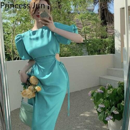 Women Fashion French Summer Green Dress Sweet Puff Sleeve Slim Hollow Out Open Waist Satin Dress Elegant Mid-length Party Dress