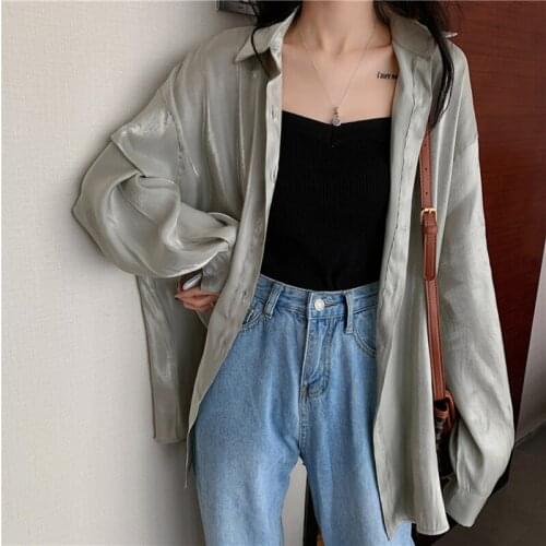 QOERLIN High Street Shining Shirts Women Spring Summer Long Sleeve Turn-Down Collar Oversized Shirts Female See Though Blouse
