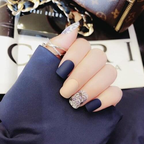 24pcs Purple Nude Flower Matte Scrub Polish Fake Nails Full Cover Long Square Head False Nails faux ongles with Glue Sticker