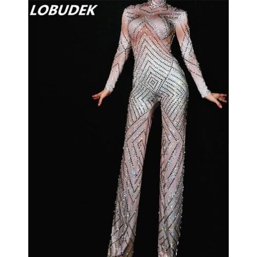 Shining Rhinestones Jumpsuits Boot cut pants Fashion flared trousers jumpsuit Bell-bottoms Female singer Star Bar Party Costume