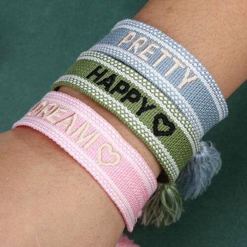 2021New Tassel Letter Embroidery Bracelet Vintage Handmade Woven Wide Braided Bracelet for Women Gifts Friendship Jewelry