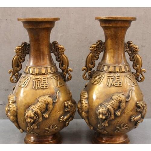 Fast shipping USPS to USA S1526 16" Chinese Bronze Dragon Unicorn Beast Fierce Wild Tiger Statue Vase Pot Pair
