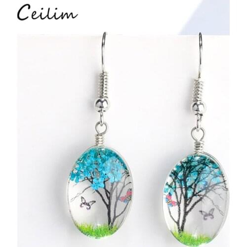 2020 New Dried Flower Drop Dangle Earring for Woman Gifts Silver Color Glass Ball Butterfly Wishing Tree Earrings Trendy Jewelry