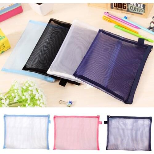 1PC Pure Color Mesh Pencil Case Simple Transparent Mesh Document Bag Zipper Stationery Bag Nylon Bag Office School Supplies