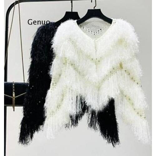 Luxury Rhinestone Tassels Sweater Coat Irregular Crocheted Sequins Fringed Knit Cardigan Bat Sleeve Hollow Beaded Faux Fur Tops