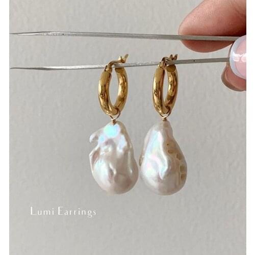 Vintage France Style Earring Simple Delicate Real Baroque Pearl Earrings Stainless Steel Waterdrop Shape Pendant Drop Earrings