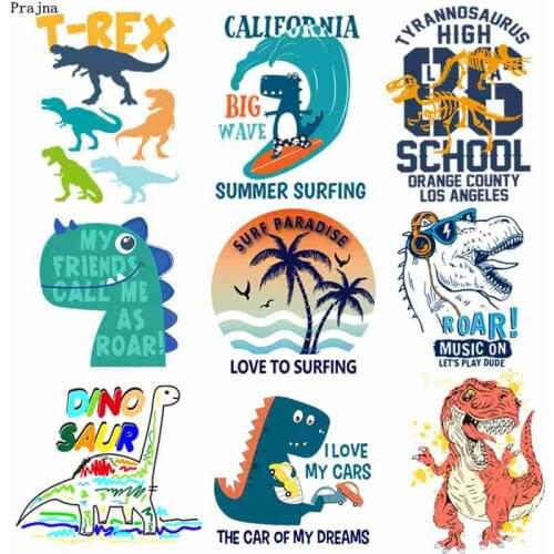 Prajna Jurassic Park Heat Transfers Cartoon Dinosaur T-REX Thermal Heat Transfer Stickers On Clothes DIY For Kids T-shirts Decor