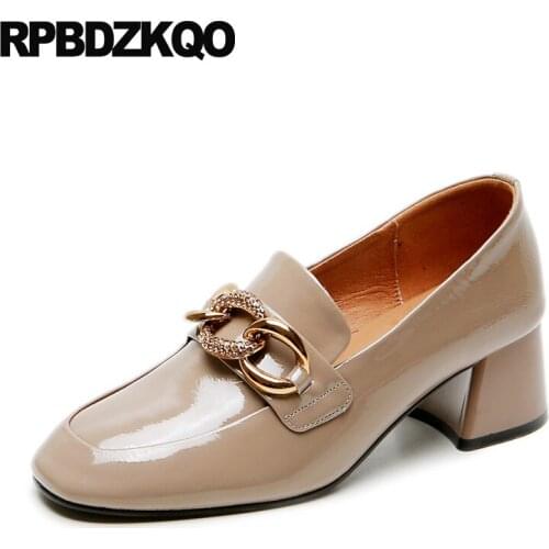 Metal Thick Square Toe High Quality Designer Shoes 2021 Pumps Genuine Leather Block Slip On Medium Heels Luxury Ladies Patent
