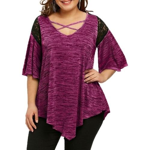 4XL 5XL Plus Size Blouse Women 2021 Summer Cross V Neck Lace Patchwork Sleeve Casual Blouse Shirt Irregular Loose Oversized Tops