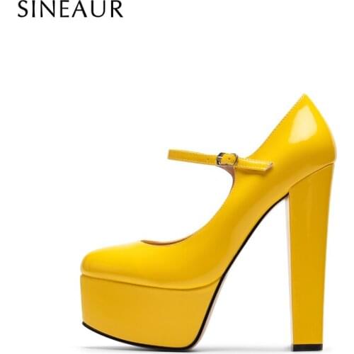 SINEAUR Shoes for women Fashion Maryjane Super High 15CM Ladies Chunky Heel Single-Strap Round-toe Platform PU Office Dress