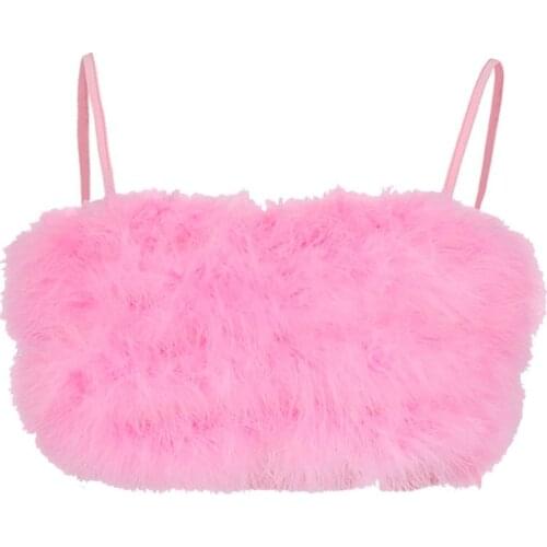 Womens Sexy Spaghetti Strap Feather Crop Top Sleeveless Solid Color Mini Camisole Fluffy Plush Night Party Clubwear Bralette