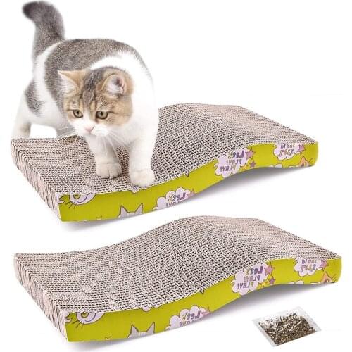 Syezyo 2PCS Cat Scratching Pad with Catnip Corrugated Scratcher Cardboard for Indoor Cats Reversible Wave Board Kitten Lounge