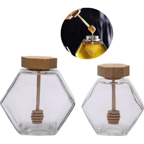 220ML Mini Glass Honey Jar Hexagonal Honey Bottle Container Pot With Wooden Honey Stick Spoon Honey Packaging Bottle