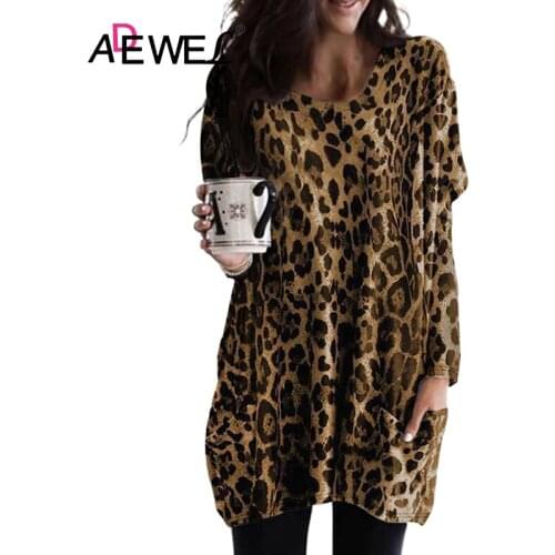 ADEWEL Sexy Brown Leopard Print Long Sleeve Casual Plus Size Top Autumn And Winter woman oversized tshirts vetement femme 3XL