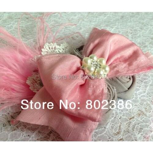 Free Shipping Grey Roll Flower Pink Ostrich Feather Dupioni Silk Bow Headband Kids Hair Accessories