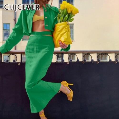 CHICEVER Cut Out Two Piece Set Women Lapel Collar Long Sleeve Tops High Waist Mid Skirts Solid Suit Womens Clothing Summer 2021