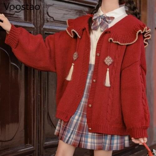 Spring Autumn Chinese Style Sweet Lolita Knitted Cardigan Women Vintage Cute Tassels Loose JK Sweater Winter Girly Chic Coats