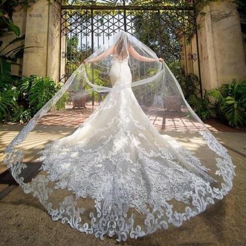 Cathedral Length Wedding Veils with Lace Applique Edge Veils One Layer Custom Made Bridal Veil with Comb 4m Length