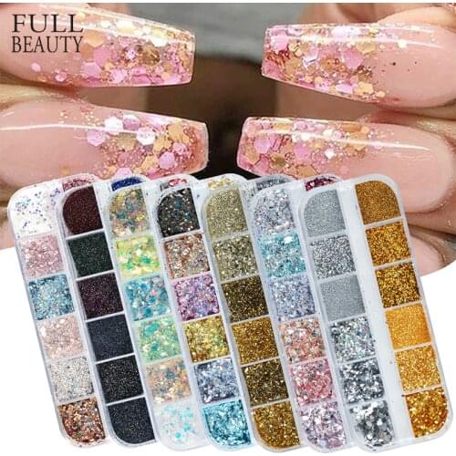 Holographic Nail Glitter Flakes Sequin 12pcs in 1 Rose Gold Silver DIY Butterfly Dipping Powder for Acrylic Nails Tools CH1585