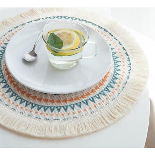Round Placemats Boho Cotton Linen Woven Macrame Tassels Table Mats Washable Heat Resistant Place Mat For Table Decoration