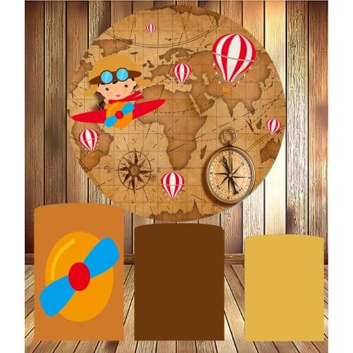 Round circle panel backdrop World travel theme hot air balloon birthday party decor dessert table fabric 3 cylinder plinth cover