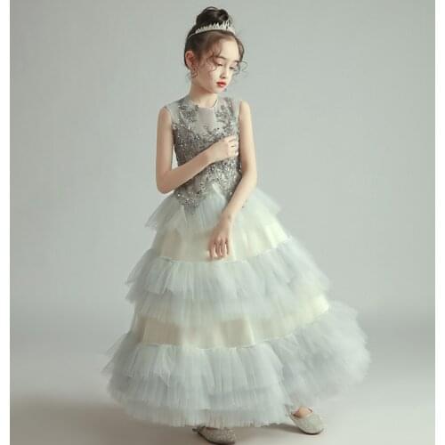 Flower Girl Dress Illusion O-Neck Sleeveless Sequined Beading Princess Floor-Length Tulle Lace Luxury Gray Kids Party Gown H374