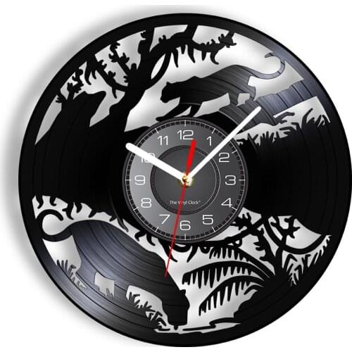 Jungle Panther Wall Clock Made Of Real Vinyl Record Black Leopards Pardus Woods Forest Animals Vinyl LP Wall Watch Home Decor