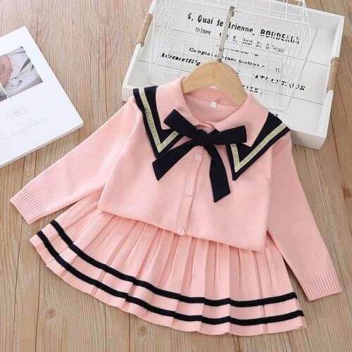 2021 New Clothing Sets Christmas Baby Girl Clothes Winter Casual Printing Knitted Sweater Cardigan+Pleated Skirt Two-Piece Suit