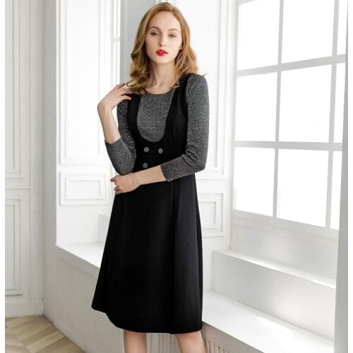 2021 Spring and summer new womens fashion European American black fake two long dresses with three-quarter sleeves