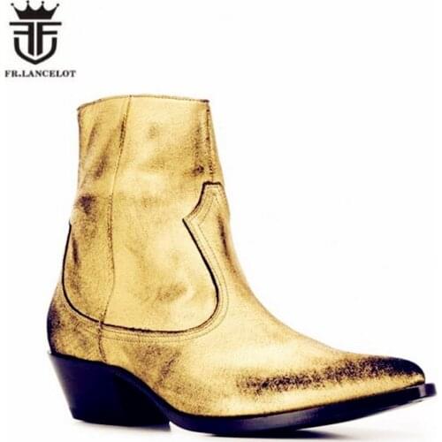 New Golden Matt cow leather handmade customized wedge ankle Boots Boutique dress wedding catwalk designer leather Botas shoes