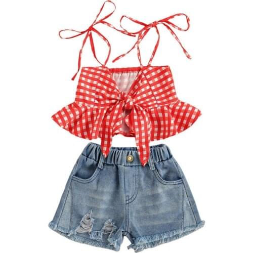 1-5 Years Toddler Girls 2pcs Summer Outfits Sleeveless Plaid Print Ruffle Tank Tops Ripped Denim Shorts Set Infant Girls Set