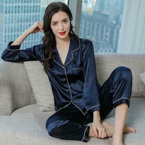 Pajama Set New Womens 100% Pure Mulberry Silk Pajamas Set Silk Sleepwear Nightwear Silk Comfortable Delicate Autumn Pajamas
