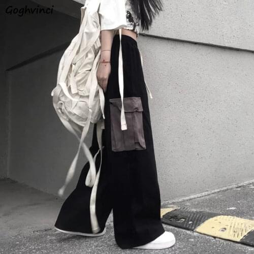 Casual Pants Women New Cargo Pockets Patchwork Japanese Style Chic Harajuku Elastic Waist Daily Trousers Unisex Female Ulzzang