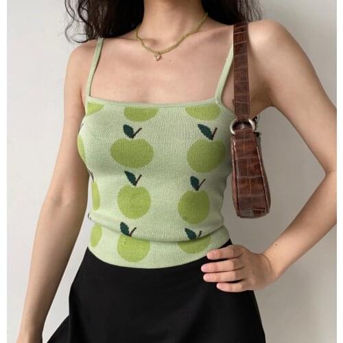 Print Apple Sleeveless Sexy Cami Top Women Y2K Aesthetic Backless Spaghetti Strap Ribbed Knit Crop Top Party Camisole Summer
