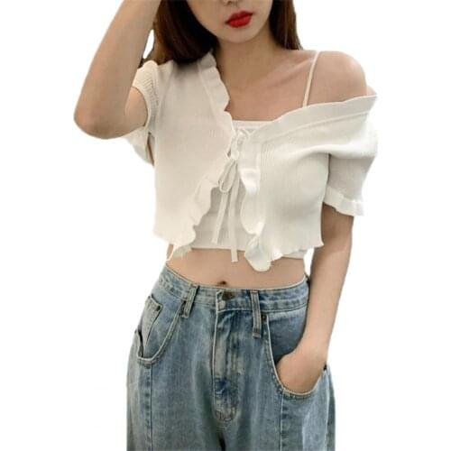 Sweet Style Women Ruffles Slim Short Sleeves Solid Color Tops Knitted Cardigan Streetwear Clothing