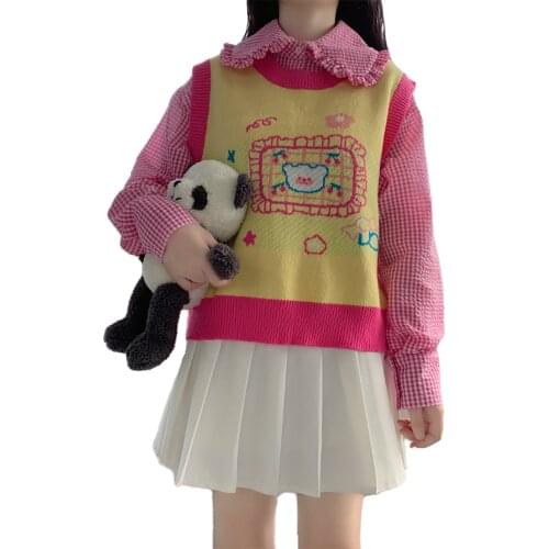 Japanese Spring New Sweet Women Preppy Style Cute JK Student Sweaters Loose Kawaii Cartoon Knitting Sleeveless Vest Sweater