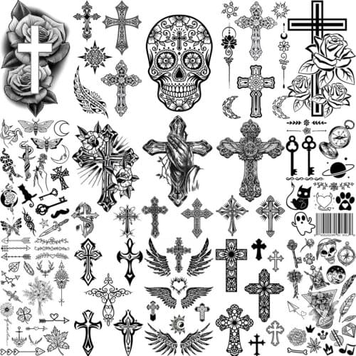 Small Black Cross Temporary Tattoos For Women Men Rose Flower Skull Arrow Fake Tattoo Body Art Neck Arm FingerTatoos Sticker