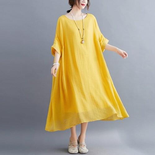 Yellow Dress 2021 New Arrival Short Sleeve Loose Summer Dress Soft Cotton Rayon Travel Style Beach Casual Women Long Maxi Dress