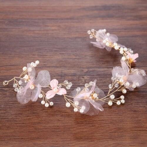 Women Girl Elegant Pink Flower Crystal Simulated Peals Headband Tiara Crown Bridal Bride Wedding Party Hair Jewelry Headpieces