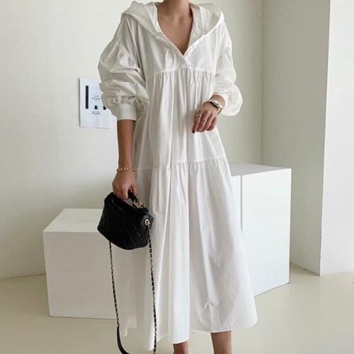 2021 Commuter Hooded Lantern Sleeve Dress Female Korean Minimalist Loose Ladies Catwalk Dress