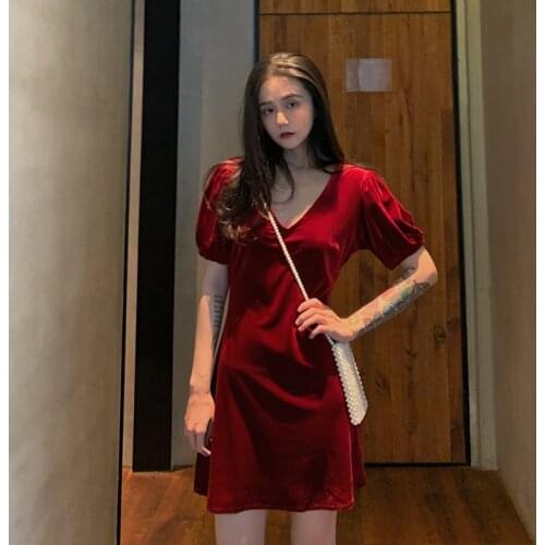 SUPERMILE*2020 New Arrival Women V-Necked Short Sleeve Backless Velvet Dress Slim Classic Vintage Sexy Elegant Style