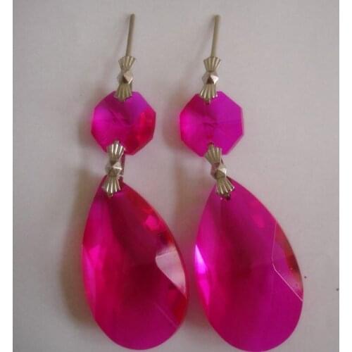 10set/lot,fuchsia crystal 38mm pendant +1pc 14mm octagon beads with silver butterfly buckle connector set crystal drop