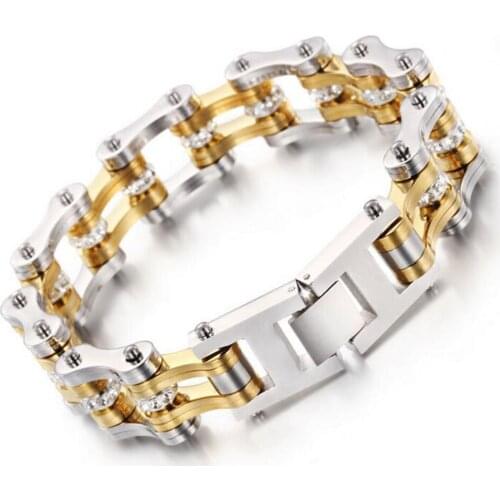 16mm Punk Gold Crystal Rhinestone Bicycle Bike Bracelets & Bangles Mens Stainless Steel Biker Motorcycle Chain Bracelet Jewelry