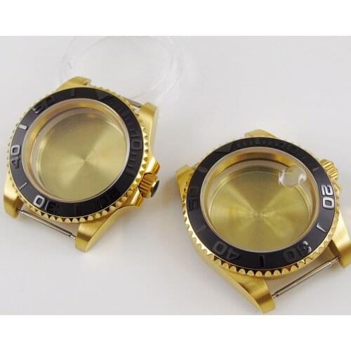 40MM Accessories Parts Yellow Gold Plated Sapphire Transparent Glass Brushed Ceramic Bezel Watch Case Fit NH35 NH36 Movement