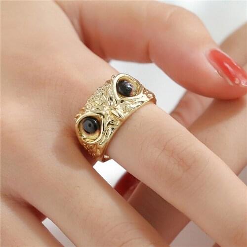 ALLNEWME Fantisy Cartoon Owl Colorful Eyes Charm Open Rings for Women Ladies Gold Color Brass Chunky Index Finger Rings Jewelry