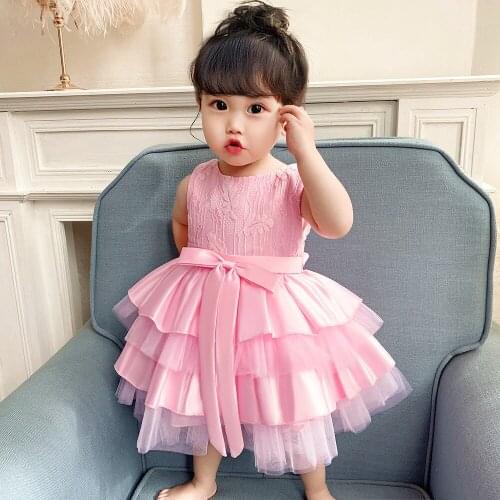Baby Girl Ball Gown Birthday Princess Bow Sleeveless Dress Casual Regular Female Flowers Lace Clothes Kid Cake Dresses